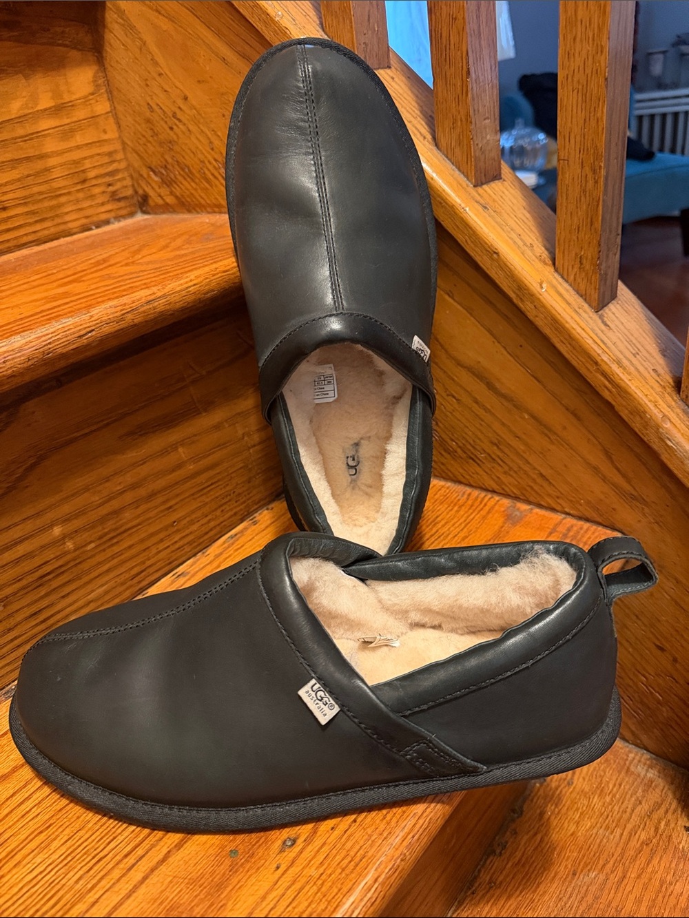 UGG Men’s Black Leather Shearling-Lined Slip-Ons